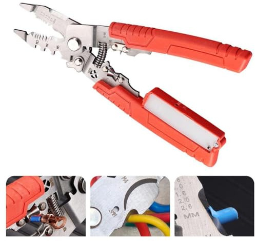 Wire Stripper Crimper Pliers Multifunctional Cable Cutter for Electricians, 213mm Chrome Vanadium Steel with Built-in Voltage Tester, Anti-Slip Grip