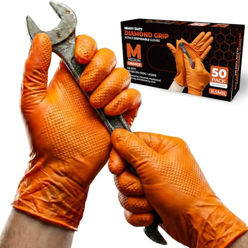 PRAIMA 50 Stück, Einweghandschuhe, Diamant Grip - Gr. M, Puderfrei & Latexfrei Einmalhandschuhe, Extra Dicke und Starke, Nitrilhandschuhe, Arbeitshandschuhe für Werkstatt, Kfz & Industrie