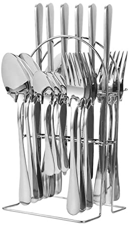 Wakects Hanging Flatware Set, Stainless Steel Cutlery Set Modern Forks Tea Spoons Kit with Hanging Stand for Home Hotel Restaurant Party Birthday (1010 Silver 24 Piece Hanging Flatware Set)