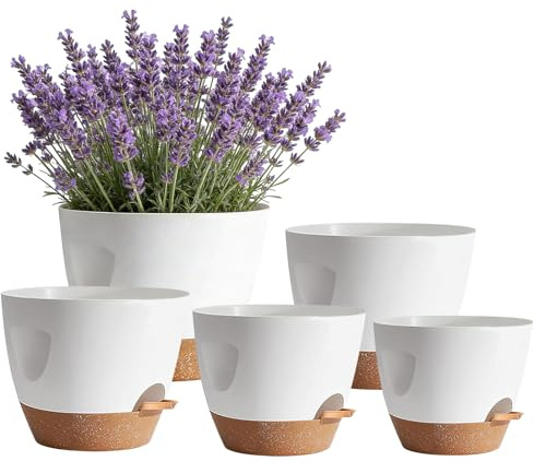 Shinybox 5 Pots de Fleurs à Arrosage Automatique, 17.8/16.5/15.2/13.9/12.7cm Pots à Fleurs avec Une Poignée, Auto-Arrosant avec Soucoupe de Fleur pour Plantes d'Intérieur, Fleurs, Cactus(Blanc)