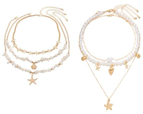 2 Piezas Collar De Conchas Collar Estrella De Mar Diseño Multicapa Robusto Duradero Resistente Los Arañazos Abrasión Talla Ajustable Exquisita Artesanía Adecuado Para Uso Diario Y Ocasiones Especiale