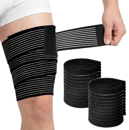 Gemoioio 2Pcs Hamstring Compression Wrap, Thigh Compression Bandage, Adjustable Hamstring Brace Quad Knee Support Sleeve for Men Women Varicose Veins Treatment Pain Relief(Black)