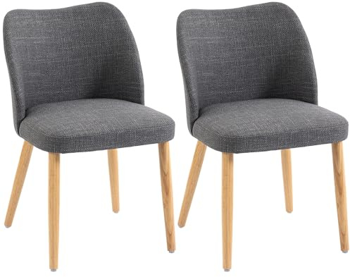 HOMCOM Set di 2 Sedie Sala da Pranzo in Tessuto Effetto Lino, Sedie Cucina Scandinave con Gambe in Legno di Caucciù, Schienale Curvo, Sedia Imbottita per Cucina, Camera da Letto, Soggiorno, Grigio