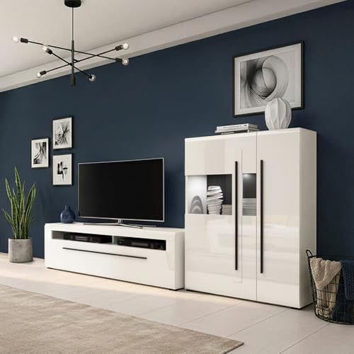 Lomadox Wohnwand 2-teilig in Weiß Hochglanz mit 160 cm Lowboard & Highboard inkl. Beleuchtung - Anbauwand, Fernsehwand, Vitrine, Vitrinenschrank, Fernsehschrank, Fernsehtisch