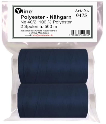 Yline - 1000 m (2 bobine) di filo per macchina da cucire, filo da cucito in poliestere, Syngarn per tutte le cuciture, 0475-07 (blu scuro/blu navy)