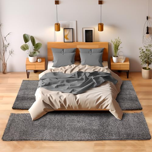 Tappeto stile Shaggy a pelo lungo, set da 3 pezzi - Scendiletto, per camera da letto, Polipropilene, Grau, 2x60x110+1x80x150