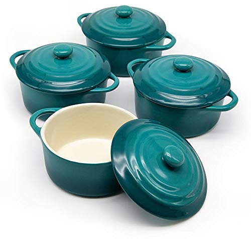 Kook Ceramic Mini Cocotte Set, Small Casserole Dishes with Lids and Handles, Individual Baking Ramekins, Oven, Microwave & Dishwasher Safe, Stoneware, 12 oz, Set of 4, (Aqua Ombre)