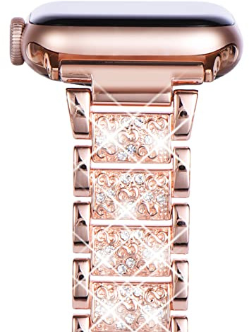 NewWays Compatible with Apple Watch Strap 38mm 40mm 41mm 42mm(Series 11/10),Women Sparkling Bling Stainless Steel Link Bracelet Band for iwatch Series 11/10/9/8/7/6/5/4/3/2/1/SE,Tanya-rosegold