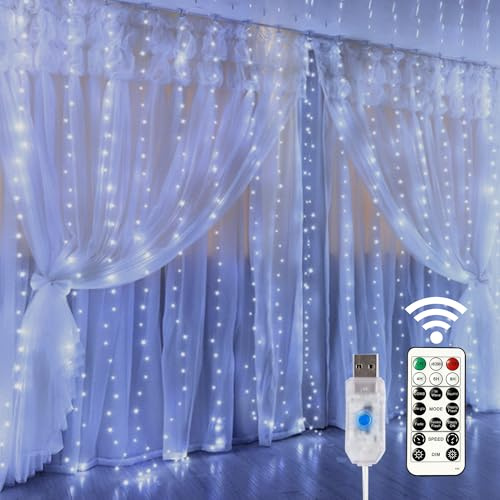 Home Lighting Window Curtain String Lights, 300 LED 8 Lighting Modes Fairy Copper Light with Remote, USB Powered Waterproof for Christmas Bedroom Party Wedding Home Garden Wall Decorations, Cool White