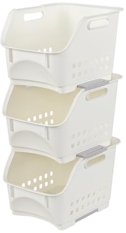 Tyminin Lot de 3 paniers de rangement empilables en plastique, bac à légumes et fruits de cuisine, blanc