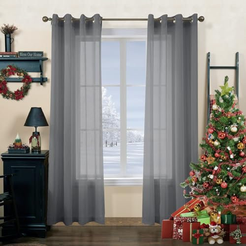 CUCRAF Net Curtains for Living Room & Bedroom, Grey Voile Sheer Curtains, 90 Drop Pair, Wrinkle Resistant, Machine Washable