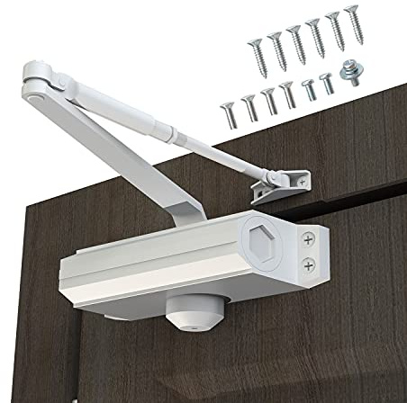 GEKRONE Automatic Door Closer Heavy Duty Fire Prevention Spring Hydraulic Aluminum Alloy Surface Mounted Residential Commerical Door Closer (White, Size2-Door Weights 99-187 Lbs)