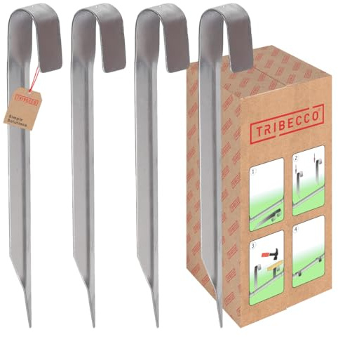 TRIBECCO Juego de 4 anclajes de suelo para trampolines – Lona o tienda de campaña – Anclajes de tierra de hierro galvanizado – Anclajes para suelo – para trampolines de jardín – lonas – tiendas de