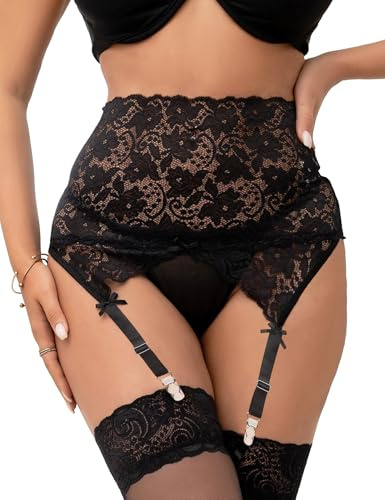 ohmydear Damen Bauchweg Strapsgürtel Hohe Taille Strumpfgürtel Spitze Strumpfhalter Damen Sexy Strapshalter Große Größe mit 4 Verstellbaren Clips und String