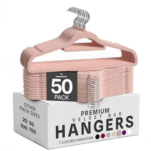 Utopia Home Grucce in Velluto Antiscivolo – Appendini Resistenti con Fermacravatte, Salvaspazio e Ultra Sottili, Ideali per Giacche, Cappotti e Maglioni (Rosa, Set da 50)
