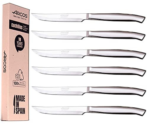 Arcos - Set di coltelli da bistecca, 6 pezzi, in acciaio inox, lama 110 mm, manico rotondo e forma ovale, monoblocco, confezione ecologica (filo liscio)