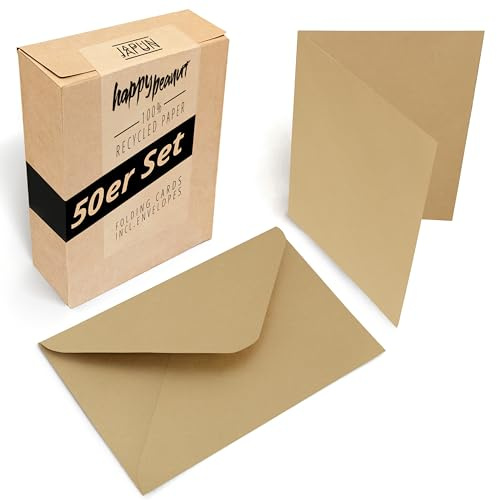 Japun - Set di 50 biglietti pieghevoli vuoti incluse buste, carte pieghevoli, per disegnare, etichettare o stampare - DIN A6 / C6 - marrone