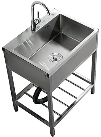 Movable Edelstahl Spülbecken Küche Waschbecken Ausgussbecken , Edelstahlwaschbecken,Einzelschalen kommerzielle Restaurant Küche Waschstation mit Wasserhahn,für Garage, Restaurant, Waschküche, Outdoor