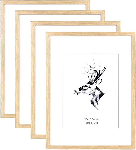 Yaetm 12x16 Picture Frame with Mat for 8.5x11 Set of 4, Natural Solid Oak Wood 12x16 Frame for Gallery Wall and Poster, Wall Mounted (4 pack, Oak)