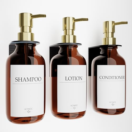 Seifenspender Wandbefestigung, Shampoo Flaschen Zum Befüllen Mit 16 Wasserdichten Etiketten, Spülmittelspender Ohne Bohren, Badezimmer Seifenspender Set, 500ml, 3 Stück, Gold Bernsteinfarben