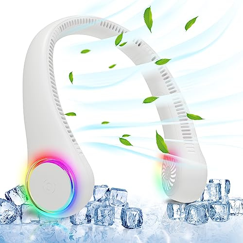 GULAKI Neck Fan, Portable with 5-17H Lifespan, 4000mAh Personal Bladeless Device with 3 Adjustable Speeds and 64 Cool Lights, Rechargeable for Summer (White)