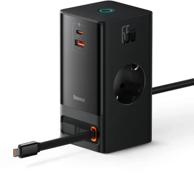 Baseus USB C Ladegerät 65W, GaN III Mehrfach Netzteil mit 2 Steckdose, USB-C&USB-A Schnellladegerät mit USB C Ladekabel, PD Charger für iPhone 15 Pro/14/13/12, MacBook, iPad, Samsung Galaxy S23