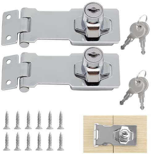 Sunallwell 2 Packs Door Lock Hasps, 2.5inch Keyed Hasp Locks and Staple with Padlock Shed Keys Safety Clasp Twist Knob Locking for Cabinets Drawer Gate, Silvery