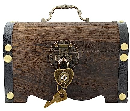 Spldsun Vintage trä skattkista, retro trä skattkista, för förvaring av mynt, papperspengar, ringar, halsband, smycken (mörksvart, med hjärtlås)