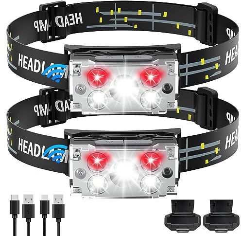 DAWINSIE Stirnlampe LED Wiederaufladbar [2 Stück], Wasserdichte Kopflampe mit 6 Lichtmodi, Superhell Intelligenter Sensor Stirnlampen für Hikezeit, joggen, Angeln,Campen,Klettern