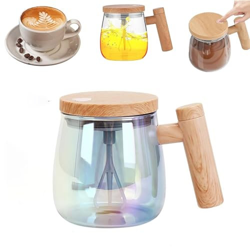 Electric Mixing Mug, 13.5oz Electric Self Mixing Cup with Lid, Self Stirring Coffee Cup, Electric High Speed Stirring Cup with Detachable Stirring Rod, for Office/Travel/Home Coffee/Tea-Rainbow