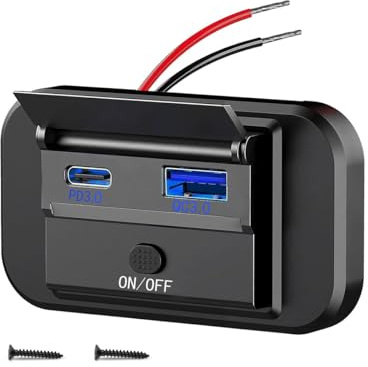 CGEAMDY Waterproof Car Power Fast Charging Adapter, 12 V USB Socket, Dual Quick Charge PD3.0 Type-C and QC3.0 USB Port with Switch, for Marine Boat Motorcycle