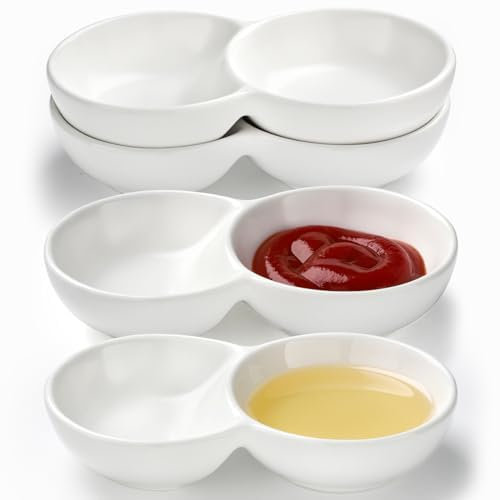 CHWAIKA Sojasaucenschale Keramik Dual Dipping Sauce Tassen Set mit 4 Dip-Saucenschalen Zwei Fächer Unterteilte Soßenschale für Sushi Saucen Soja Gewürze (Weiß)