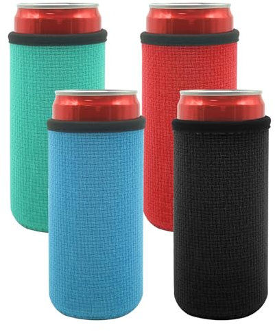 Beer Cooler Sleeve for Under 12oz/330ml Slim Can, 4PCS Insulated Neoprene Can Sleeves Non-Slip Can Cooler Holder for Beer Beverage -Black Red Green Blue