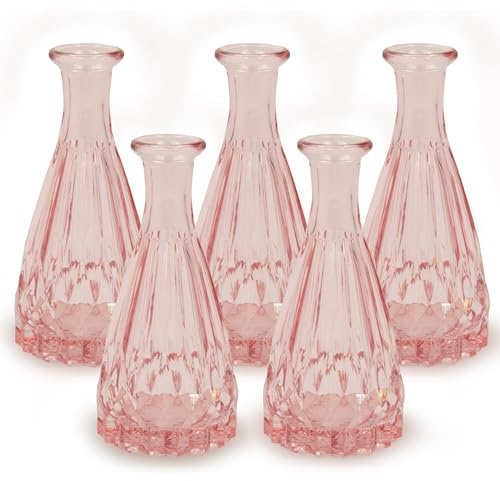 Blümelhuber 5X Kleine Vase Glas Deko Hochzeit - Glasvase Klein - Vase Modern - Boho Hochzeit - Pflanzen Deko Trockenblumen Set (Rosa)