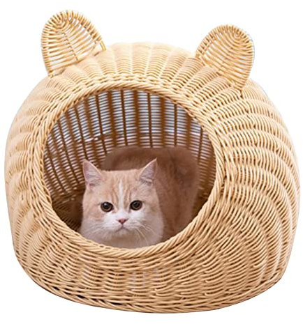 Katzenbett, Süßes Katzenohr-Imitat aus Rattan, Handgewebt, Atmungsaktiv, für Alle Jahreszeiten Waschbar, Halbgeschlossenes Katzenhaus, Katzenschlafbett, Katzennest,(38x38cm / 15.0x15.0in-Beige)