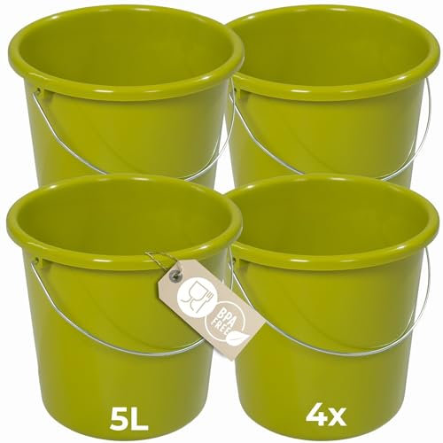 Novaliv Lot de 4 seaux de 5 l vert avec graduation dimensionnelle - Seau de nettoyage de 5 litres ? 22,5 cm - Pratique et polyvalent avec graduation pour la maison et le jardin - Idéal comme seau