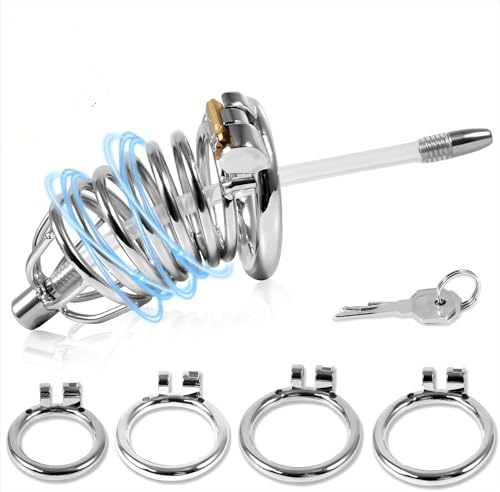 Crysore Peniskäfig Set mit 4 Cockringe und Dilator Harnröhre Edelstahl Keuschheitskäfig Herren BDSM Extrem Bondage Sexspielzeug für Männer (Silver full set)