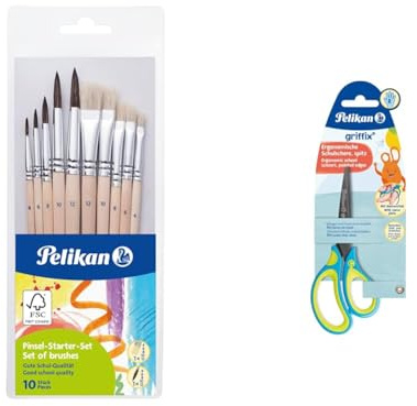 Pelikan 700405 Pinsel Starter-Set mit 5 Haar- und 5 Borstenpinseln, Beige,(1er Pack) & Schulschere Griffix spitz, für Rechtshänder, NeonFreshBlue, 1 Stück