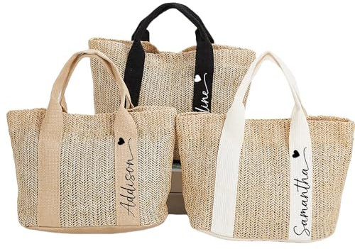 HDLOVE Personalisierte Strand-Strohtaschen Mit Namen/Text/Logo, Individuelle Namens-Brautjungfer-Sackleinen-Tragetaschen, Handtaschen Für Outdoor Reisen Für Hochzeit, Geburtstag, Reisen, Urlaub