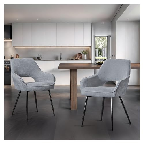 STOOLINK Juego de 2 Sillas de Comedor, Sillas de Comedor de Chenilla, Silla de Cocina de Diseño Moderno con Reposabrazos, Silla de Tapizadas con Respaldo Recortado para Cocina, Salón - Gris