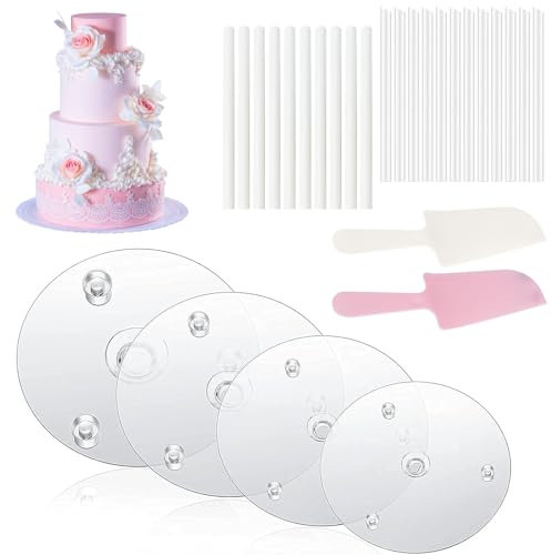 HTRTRR Juego de soportes para tartas de 28 piezas, soporte para tartas con ranura y pluma, reutilizable con cortador de tartas para varios pisos, estructura apilable