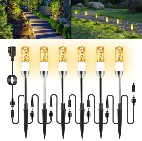 ECOWHO Mains Powered Outdoor Garden Lights, Plug in LED Path Lighting Extendable to 24 Lamps, IP65 Waterproof Stake Lights for Garden, Patio, Driveway, Warm White 6 Packs
