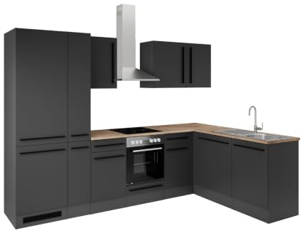 Stella Trading Jazz 8 Moderne Eckküche mit Elektrogeräten in Schwarz matt, Lanzelot Eiche Optik - Geräumige Küchenzeile in L-Form mit viel Stauraum - 310 x 211 x 60 cm (B/H/T)