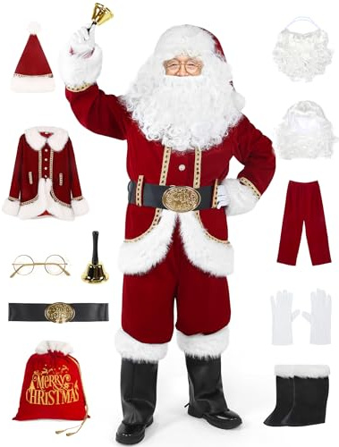 LETIME Santa Claus Costume for Men 11 PCS Christmas Deluxe Adult Santa Suit Velvet Outfit Plus Size Set for Holiday Cosplay L
