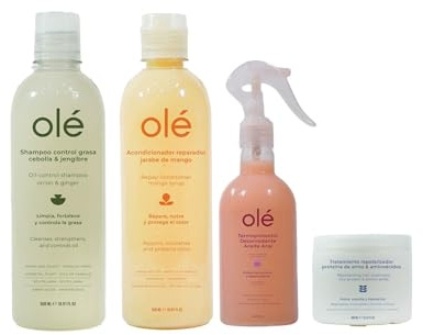OLÉ Oil Control Hair Pack 4 Pieces - Rice Protein Pre-Shampoo + Onion, Ginger & Celery Shampoo + Mango & Tangerine Conditioner + Detangling thermo protector