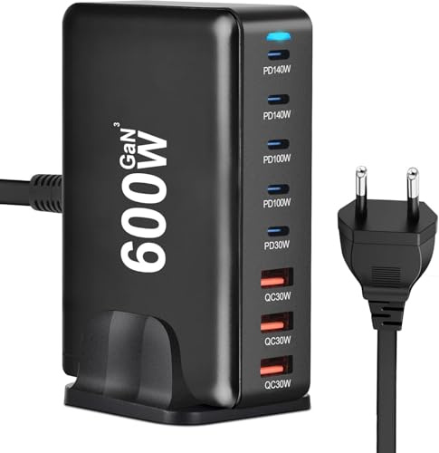 Suoxiom 600 W Chargeur multiple USB C - Station de charge USB GaN III sécurisée 8 ports, bloc de charge portable charge rapide pour voyage avec PD 140 W (portable)/QC 30 W, compatible avec MacBook Pro