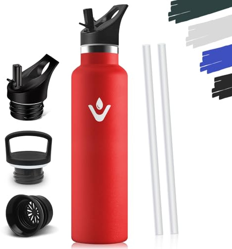 Botella Termica 1 Litro, Termo Sin BPA, Cantimplora Acero Inoxidable, Aislamiento Al Vacío de Doble Pared, Botella Agua Gimnasio, Cantimplora Termica para Adultos, Deporte, Oficina - Rojo