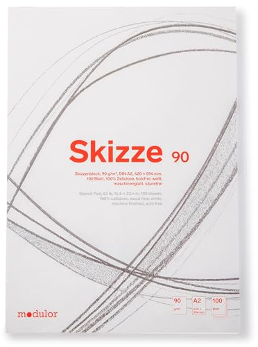 Skizzenblock Skizze, 90 g/m², 420 x 594 mm, für DIN A2, 100 Blatt (blanko) | Skizzenblock aus naturweißem Papier mit feinkörniger Oberfläche; gut geeignet für trockene Zeichenmaterialien