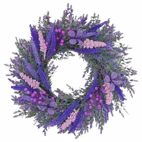 20Inch Purple Lavender Wreath for Front Door,Artificial Lavender, Blueberry, Purple Butterfly,Used for Window, Wall, Porch, and Other Indoor and Outdoor Home Decorations
