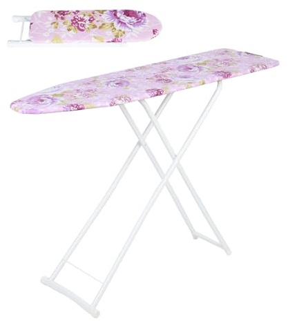 Planche à repasser pliable 107 x 30 cm, 4 hauteurs réglables (63 cm-77 cm), durable avec verrouillage de sécurité et pieds antidérapants, repose-fer à vapeur, planche à repasser légère et large pour